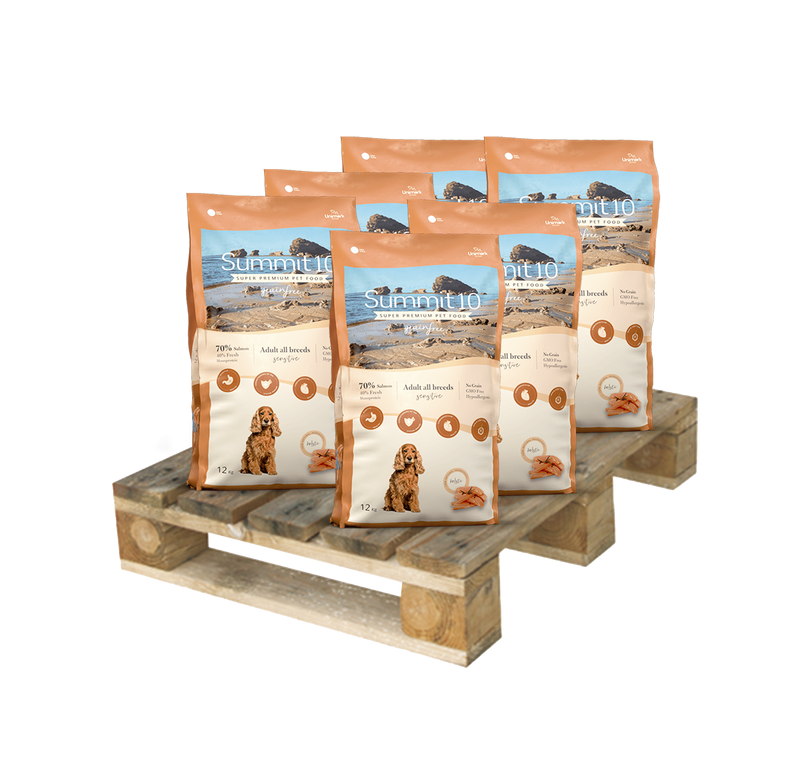 PALETTE DE 39 SACS DE 12 KG CROQUETTES SUMMIT 10 ADULTES SANS CÉRÉALES SAUMON POUR CHIENS 27/16