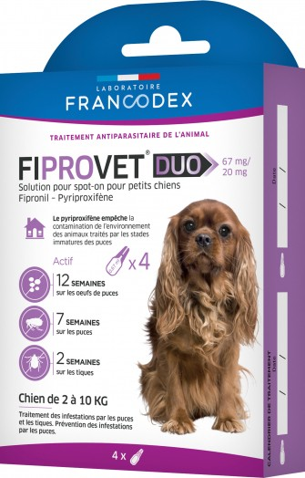 FRANCODEX - Fiprovet Duo 67 mg/20 mg - 4 pipettes de 0,67 ml  - 2 à 10kg