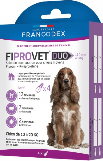 FRANCODEX - Fiprovet Duo 134 mg/40 mg - 4 pipettes de 1,34 ml - 10 à 20kg