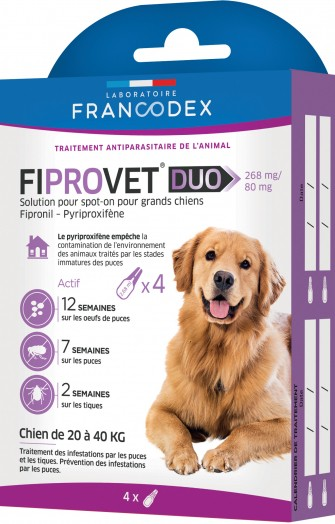 FRANCODEX - Fiprovet Duo 268 mg/80 mg - 4 pipettes de 2,68 ml